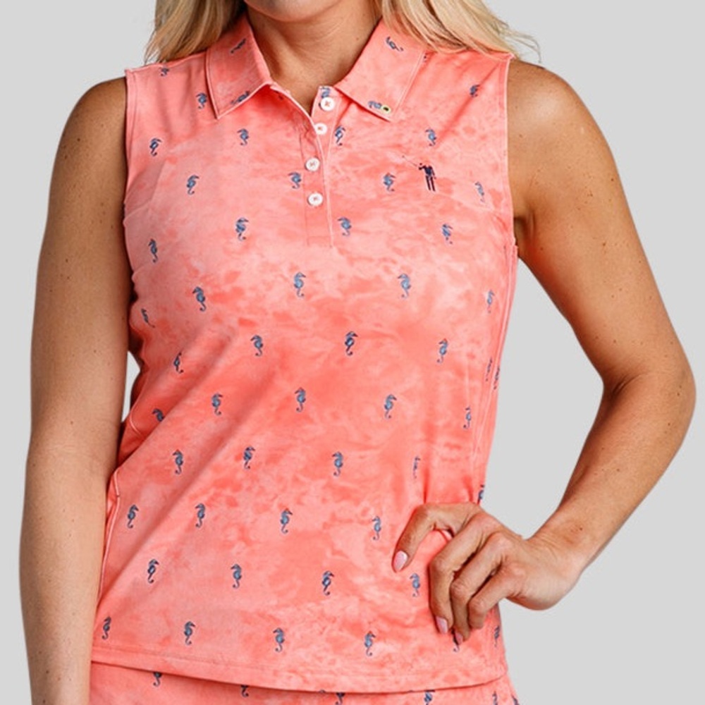 William Murray Sleeveless Coral Seahorse Print A-Line Polo Shirt M Women's